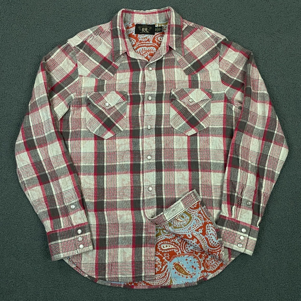 RRL Ralph Lauren Plaid Double Cloth Western Shirt Mens Large Flannel Pearl snap - Picture 1 of 9